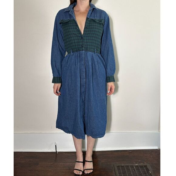 Talbots Vintage Denim Plaid Midi Dress Size 8P - Picture 1 of 4